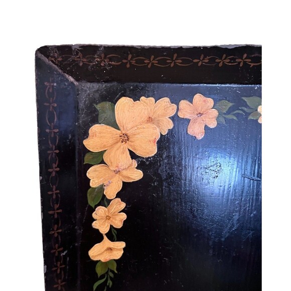 Vintage Black Metal Toleware Tray Hand Painted Gold Floral Dogwood Cottagecore - Picture 3 of 7